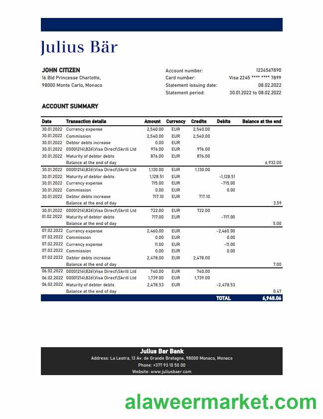 Monaco Julius Bar bank statement xls